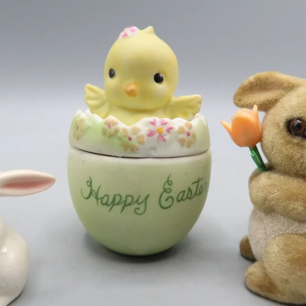 Vintage Bunny Rabbit Lot Trinket Box Duck Happy Easter Flocked Figures